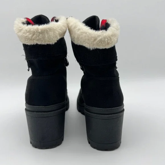 Jellypop Black Heeled Ankle Boots Red Plaid Laces Faux Fur Trim Lug Sole Size 9M - Picture 4 of 13